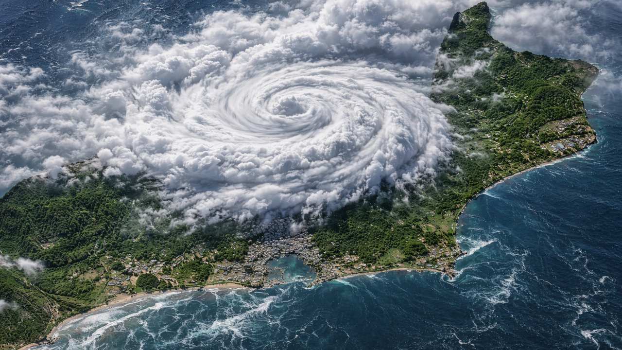 Visão aérea de um ciclone se aproximando de uma ilha com vegetação exuberante e mar azul.