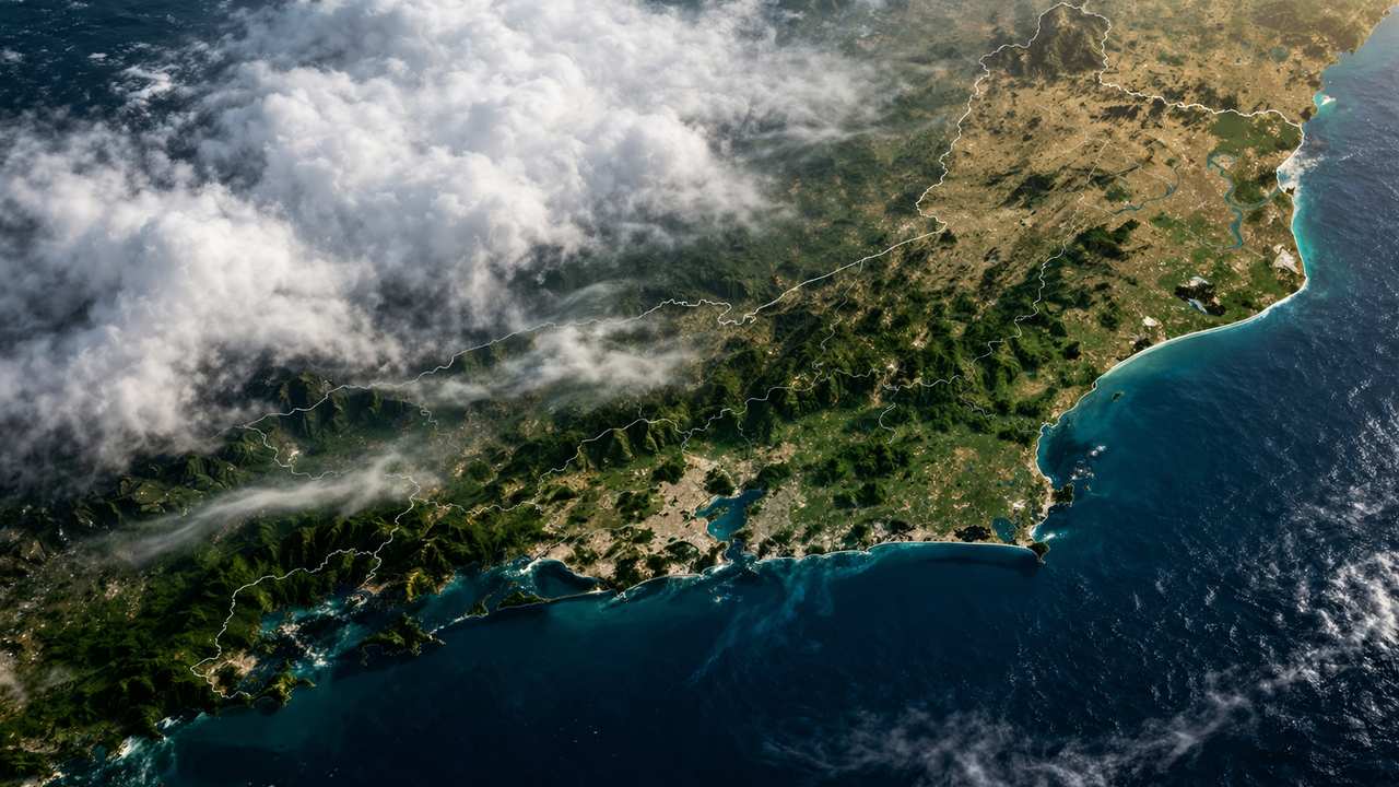 Vista aérea da costa do Rio de Janeiro com nuvens e vegetação exuberante.