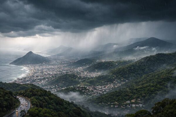 Vista panorâmica da cidade costeira sob chuva com montanhas e céu nublado.