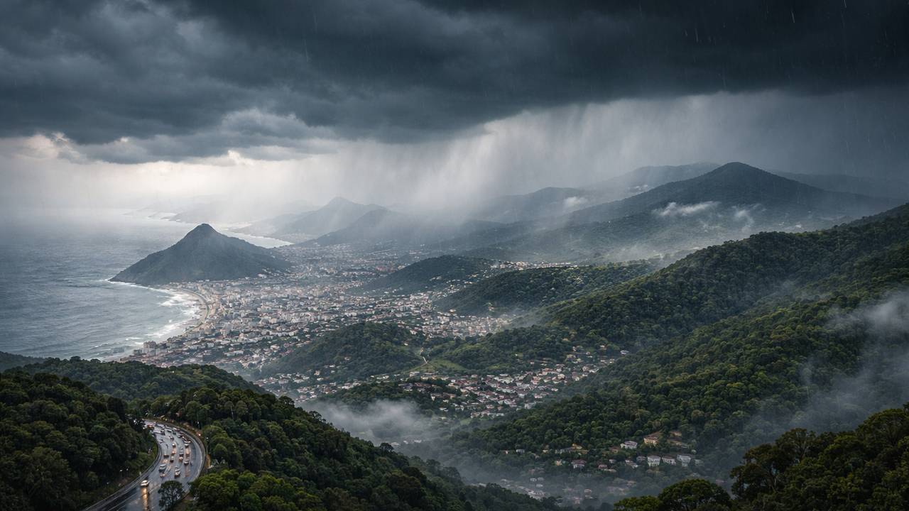 Vista panorâmica da cidade costeira sob chuva com montanhas e céu nublado.