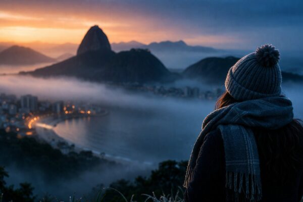 Vista panorâmica do Rio de Janeiro com nevoeiro e uma pessoa admirando a paisagem.