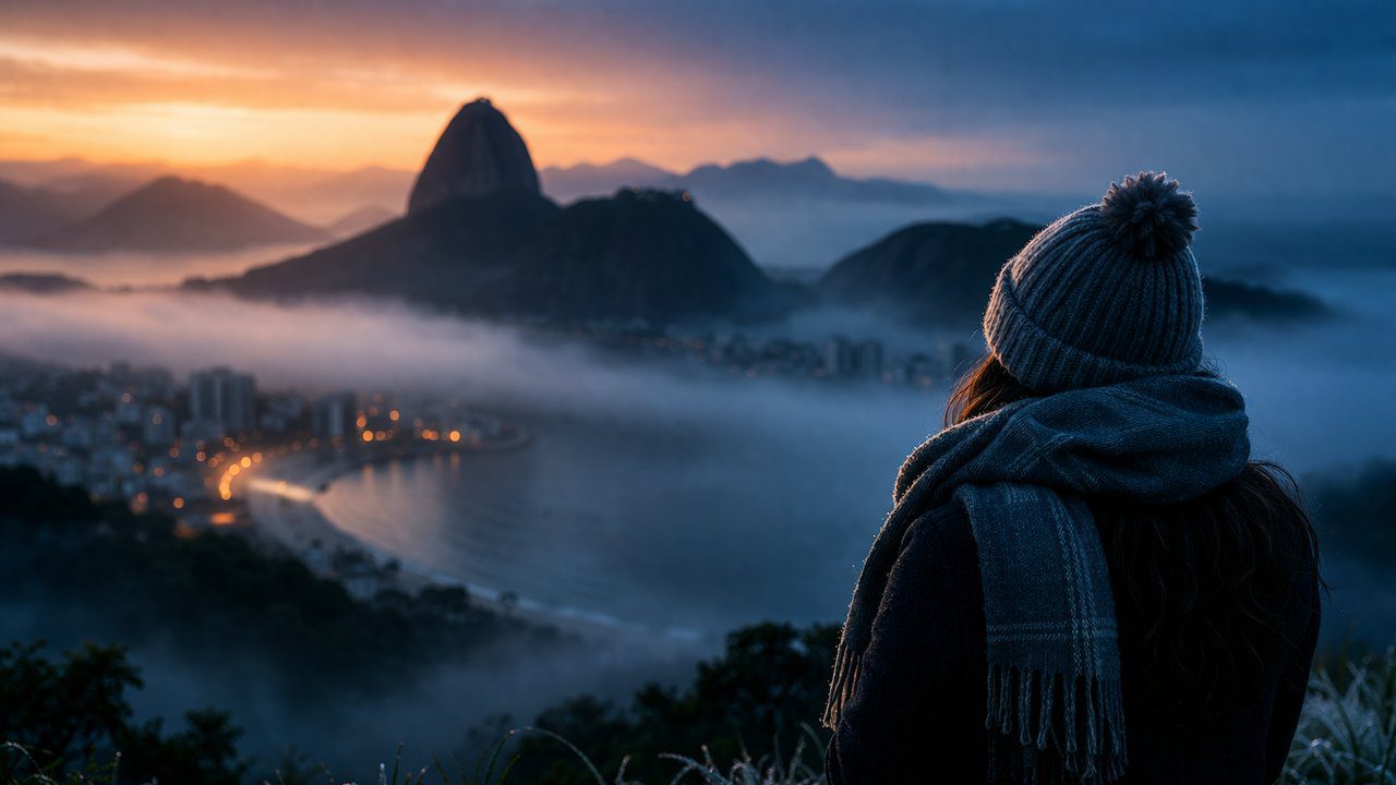 Vista panorâmica do Rio de Janeiro com nevoeiro e uma pessoa admirando a paisagem.