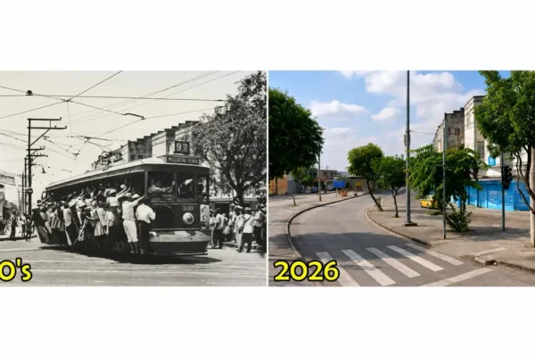Comparação entre Cascadura no passado, com bonde lotado, e a paisagem da Avenida Dom Hélder Câmara em 2026