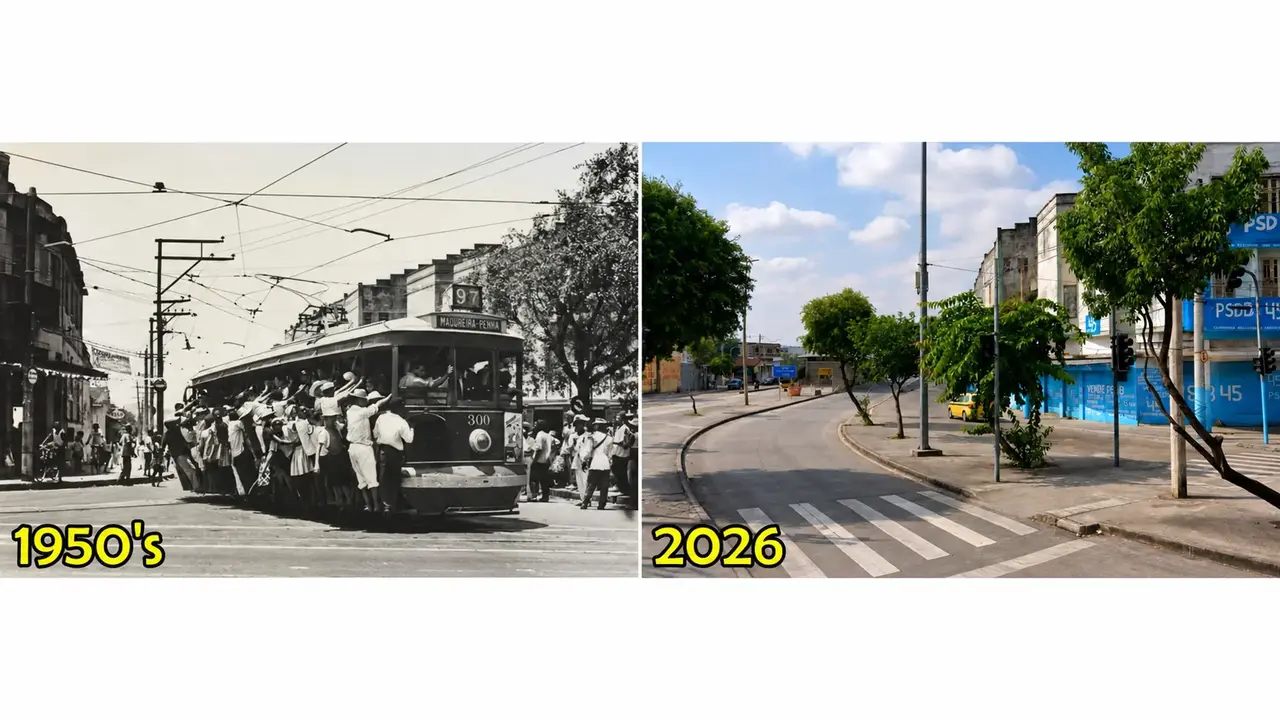 Comparação entre Cascadura no passado, com bonde lotado, e a paisagem da Avenida Dom Hélder Câmara em 2026