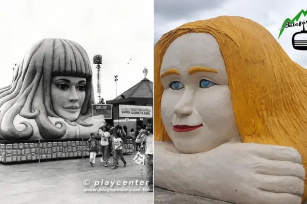 Comparativo da Boneca Eva em foto antiga em preto e branco e em registro colorido no Teleférico de Nova Friburgo.