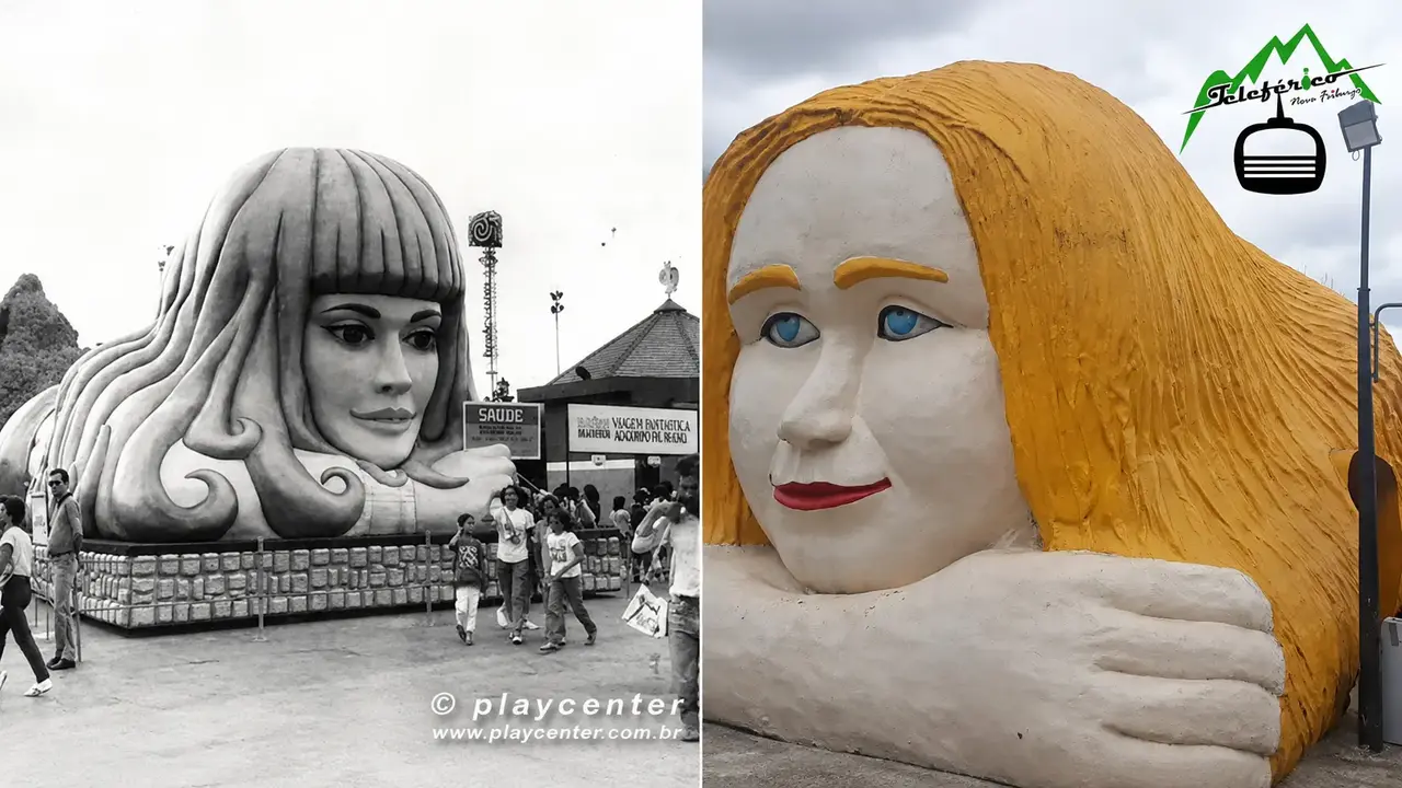 Comparativo da Boneca Eva em foto antiga em preto e branco e em registro colorido no Teleférico de Nova Friburgo.