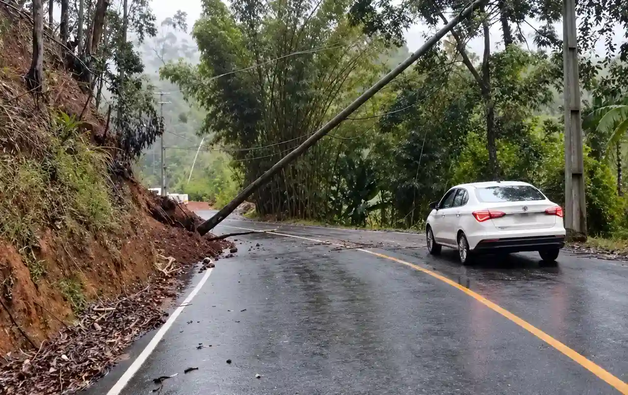 Queda de barreira, poste tombado e fiação sobre trecho da Estrada da Granja Spinelli durante a chuva