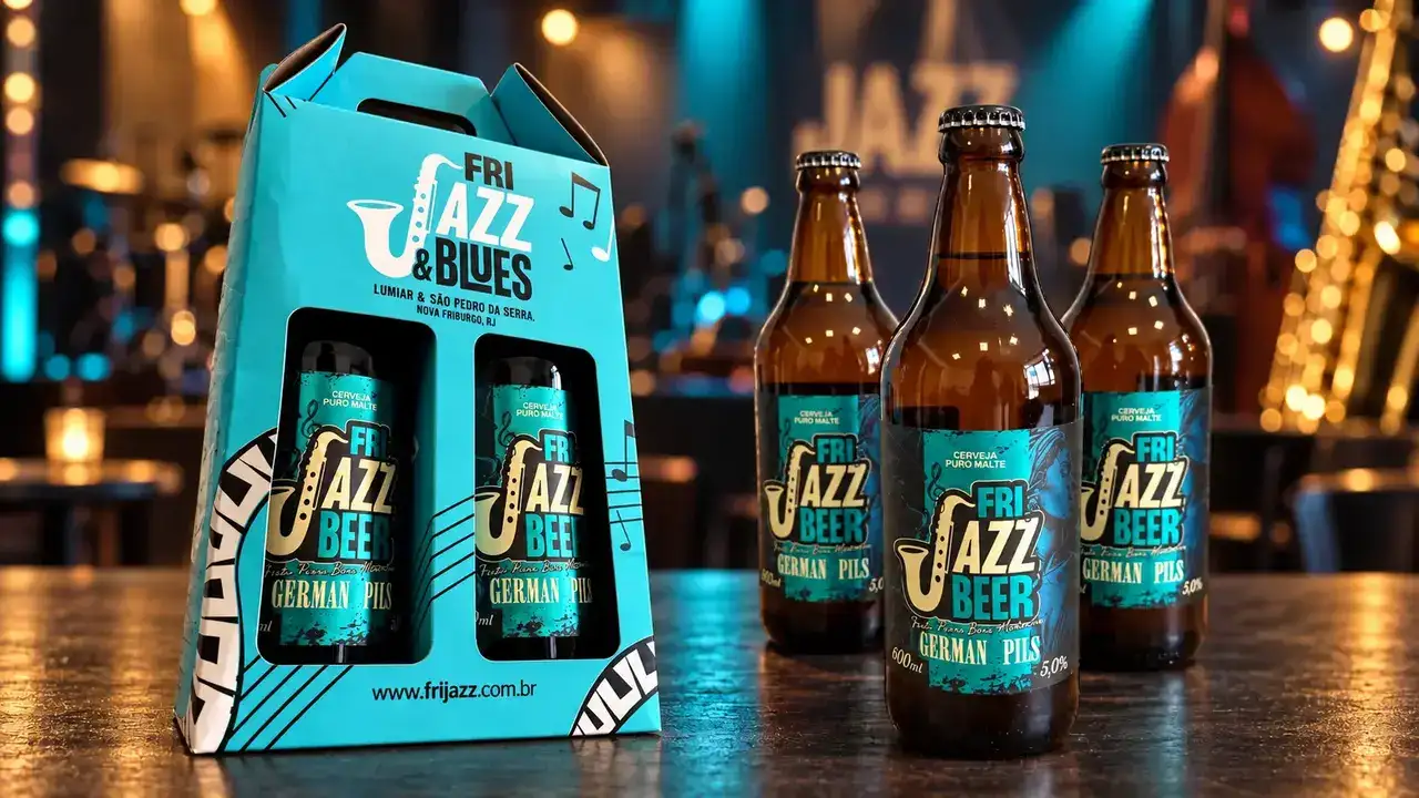 Kit e garrafas da Fri Jazz Beer, cerveja oficial do Fri Jazz & Blues