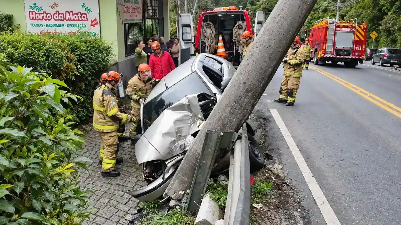 Bombeiros atendem acidente com carro e poste na RJ-116
