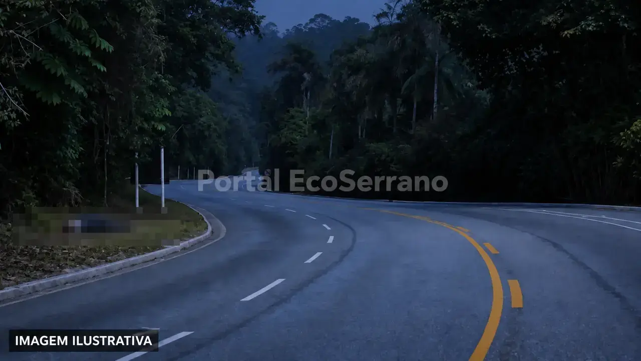 Ilustração da RJ-116 ao amanhecer, com uma figura humana desfocada na margem e marca d’água do Portal EcoSerrano.