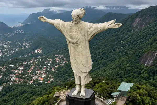 Montagem do Cristo Redentor com os cabelos ao vento durante aviso de ventania no Rio de Janeiro