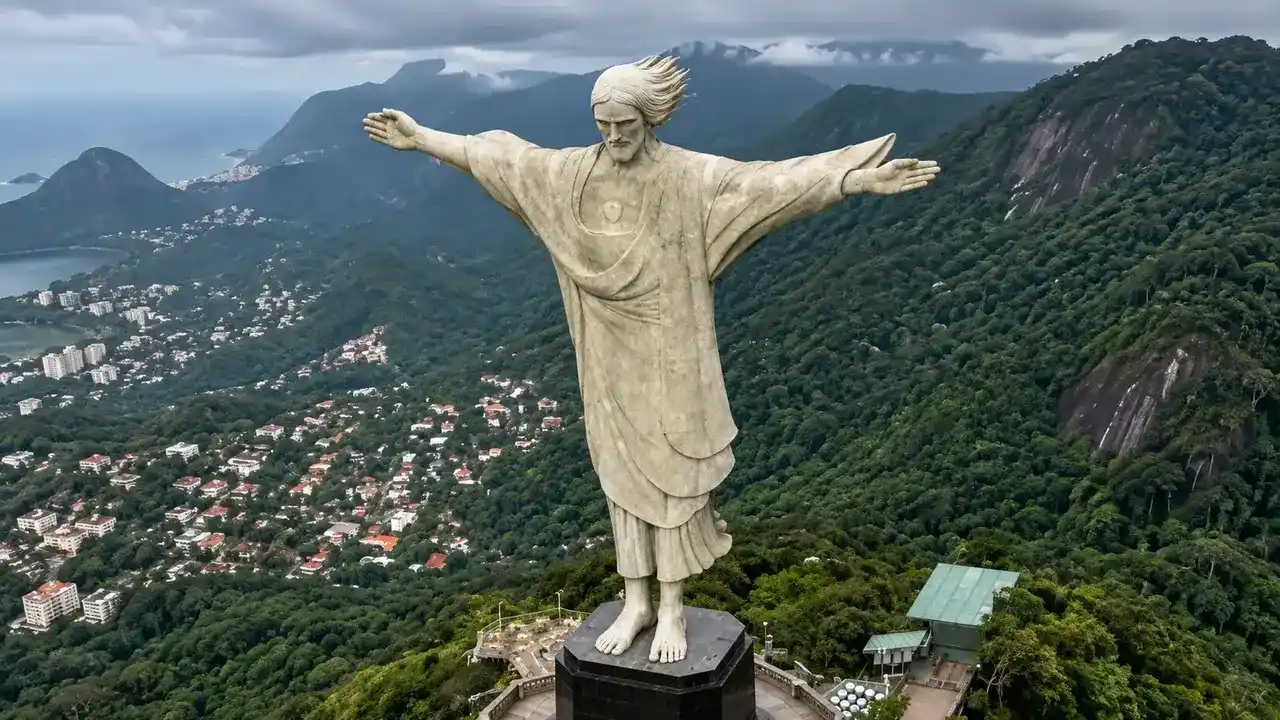 Montagem do Cristo Redentor com os cabelos ao vento durante aviso de ventania no Rio de Janeiro