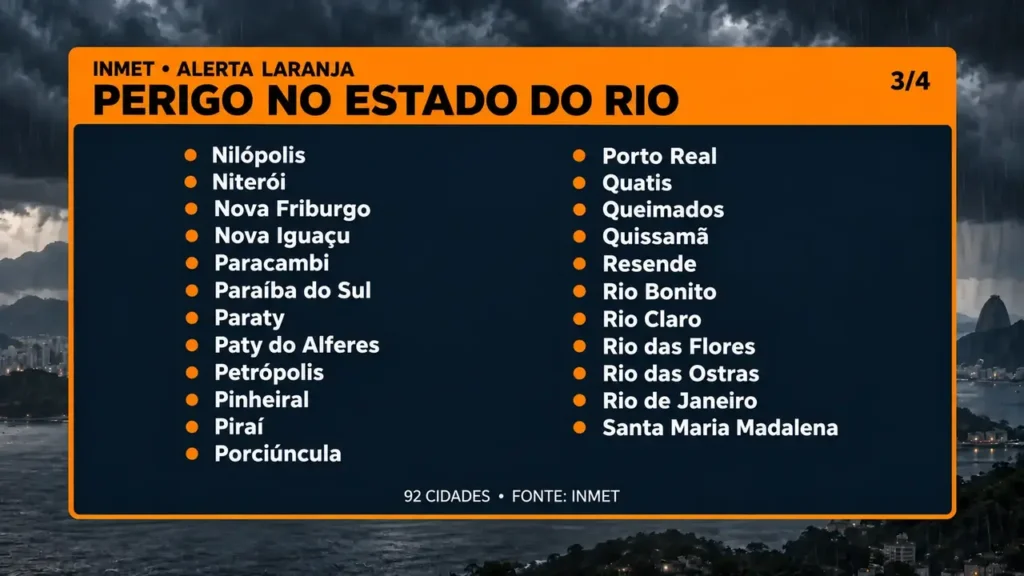 Nuvens carregadas e chuva forte durante período de alerta meteorológico no Estado do Rio de Janeiro