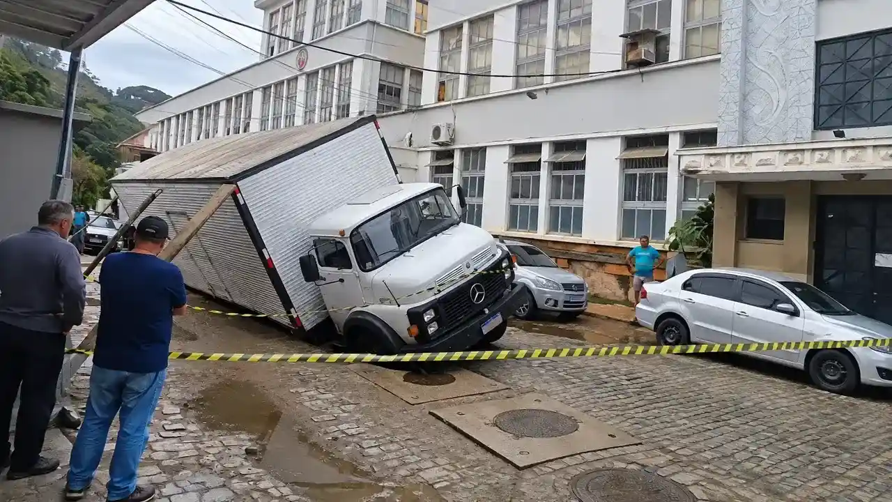 Caminhão afundado em trecho da Rua Coronel Zamith, no Bairro Ypu, em Nova Friburgo