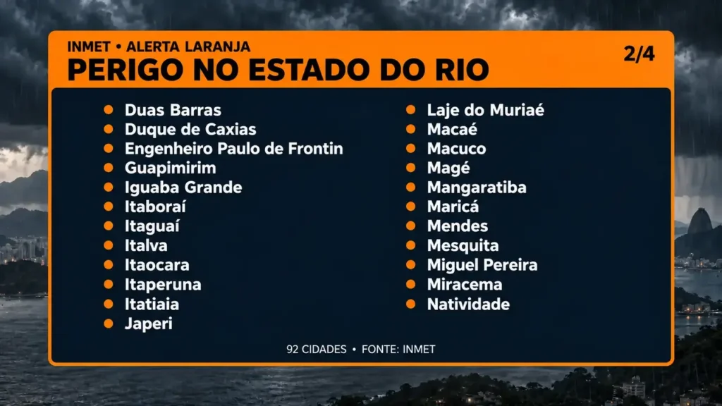 Nuvens carregadas e chuva forte durante período de alerta meteorológico no Estado do Rio de Janeiro