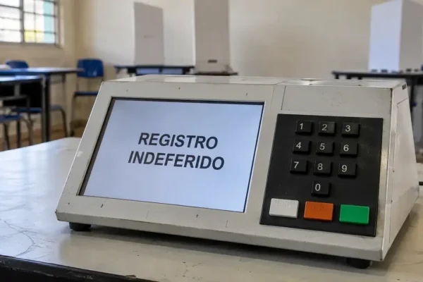 Urna eletrônica com a mensagem “Registro indeferido” na tela