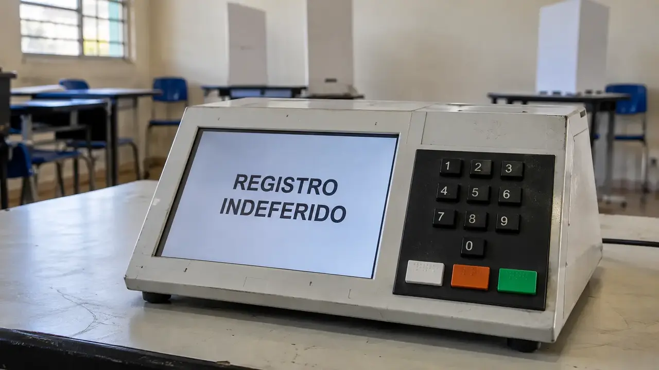 Urna eletrônica com a mensagem “Registro indeferido” na tela
