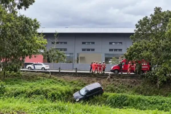 Carro preto em área de vegetação às margens do Rio Bengalas, com equipes de emergência próximas à pista