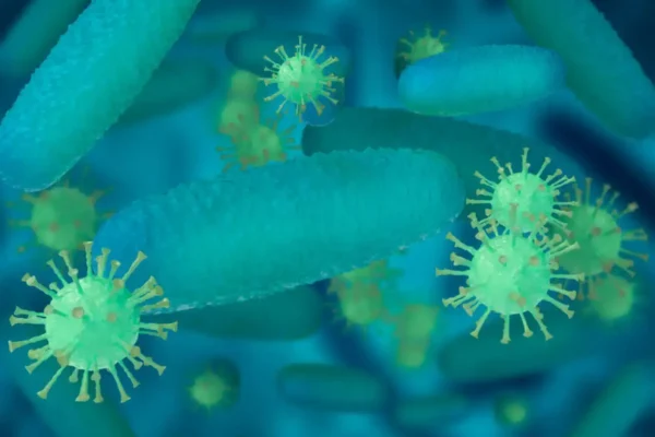 Ilustração de microrganismos com formas alongadas e esféricas em tons de azul e verde.