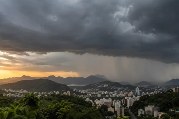 Nuvens carregadas avançam sobre área urbana durante mudança nas condições do tempo no estado do Rio