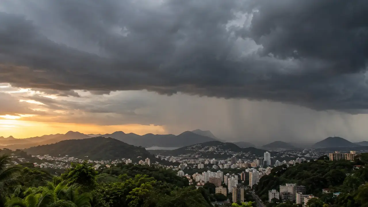 Nuvens carregadas avançam sobre área urbana durante mudança nas condições do tempo no estado do Rio