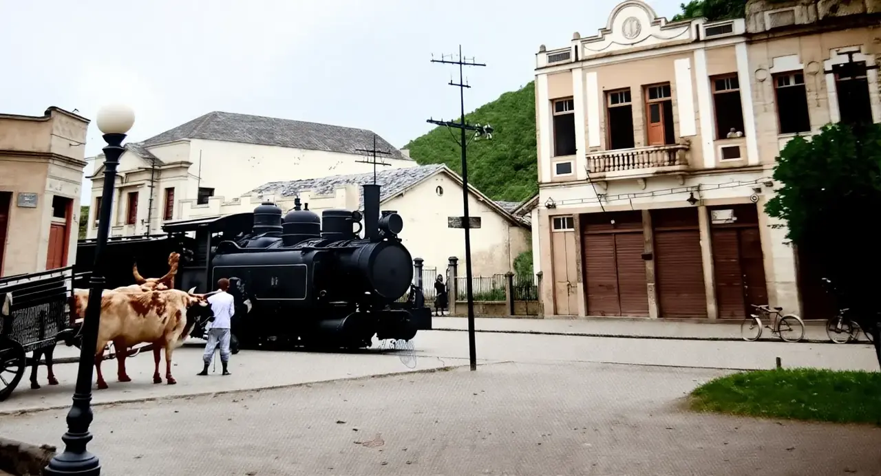 Locomotiva a vapor atravessa uma rua de Nova Friburgo enquanto um homem conduz bois nas proximidades.