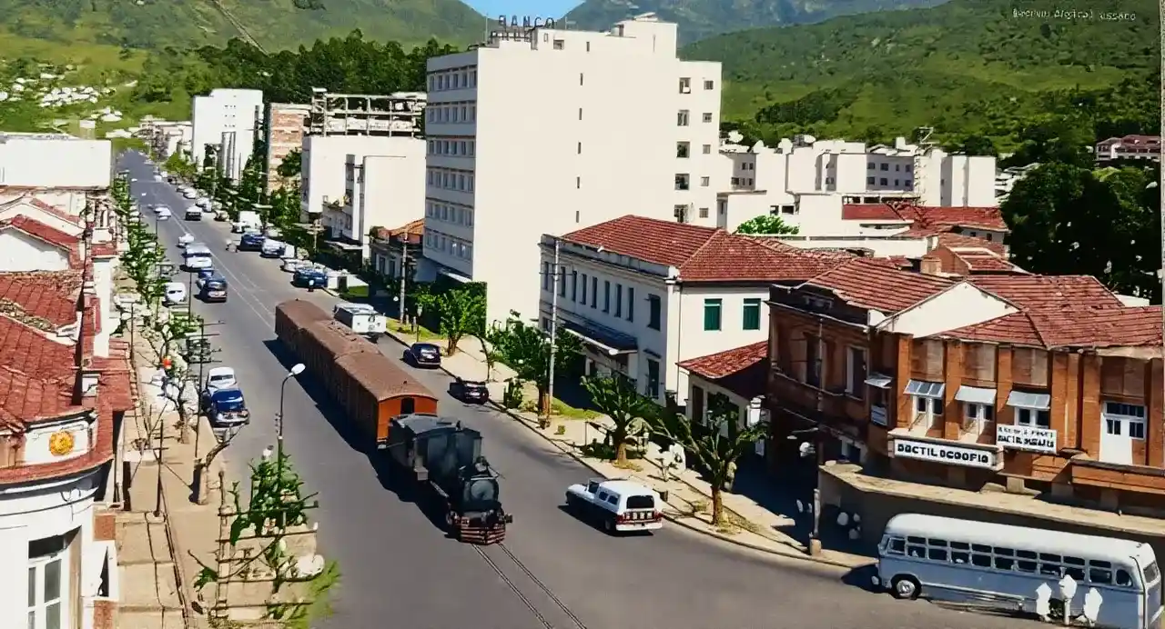 Trem com vagões de carga percorre uma avenida de Nova Friburgo entre carros e edificações.