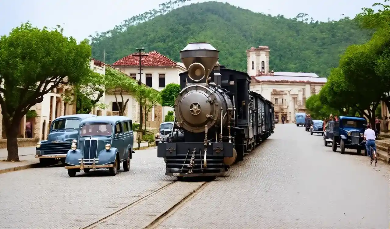 Locomotiva a vapor vista de frente sobre trilhos em uma rua arborizada de Nova Friburgo.