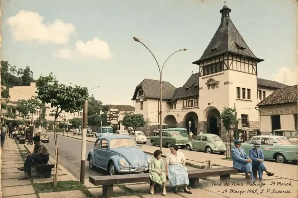 Antigo Fórum de Nova Friburgo e veículos de época em frente à Praça Getúlio Vargas, em 1968
