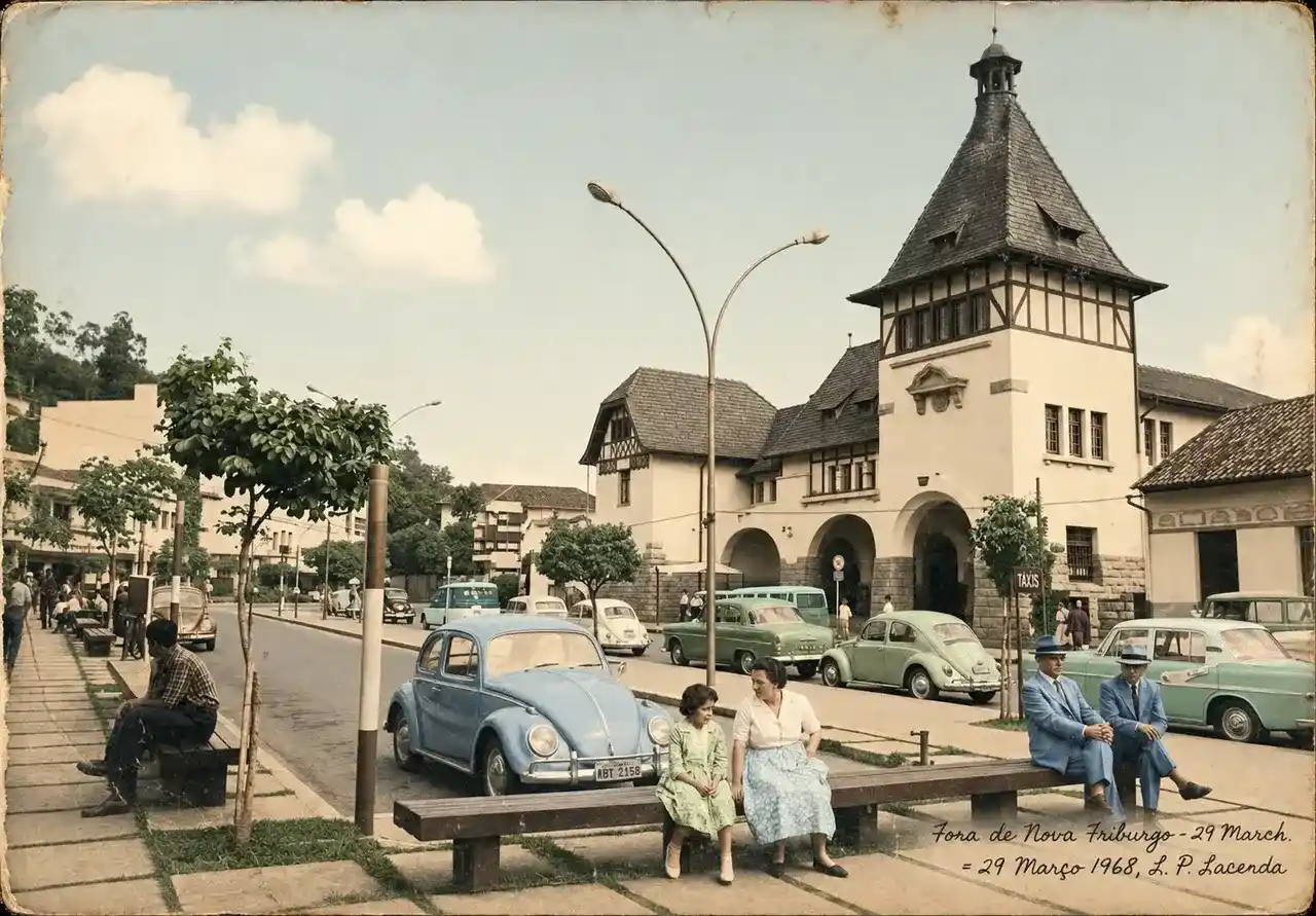 Antigo Fórum de Nova Friburgo e veículos de época em frente à Praça Getúlio Vargas, em 1968