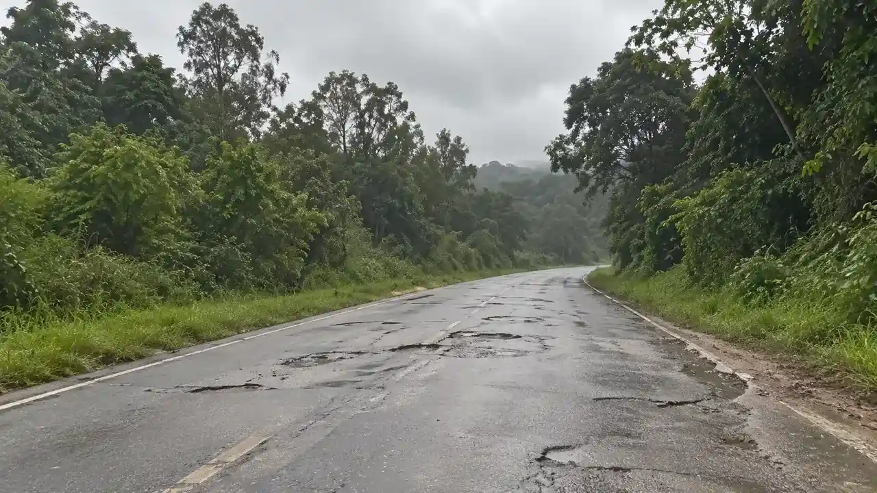 Buracos e asfalto deteriorado na RJ-142, Estrada Serramar