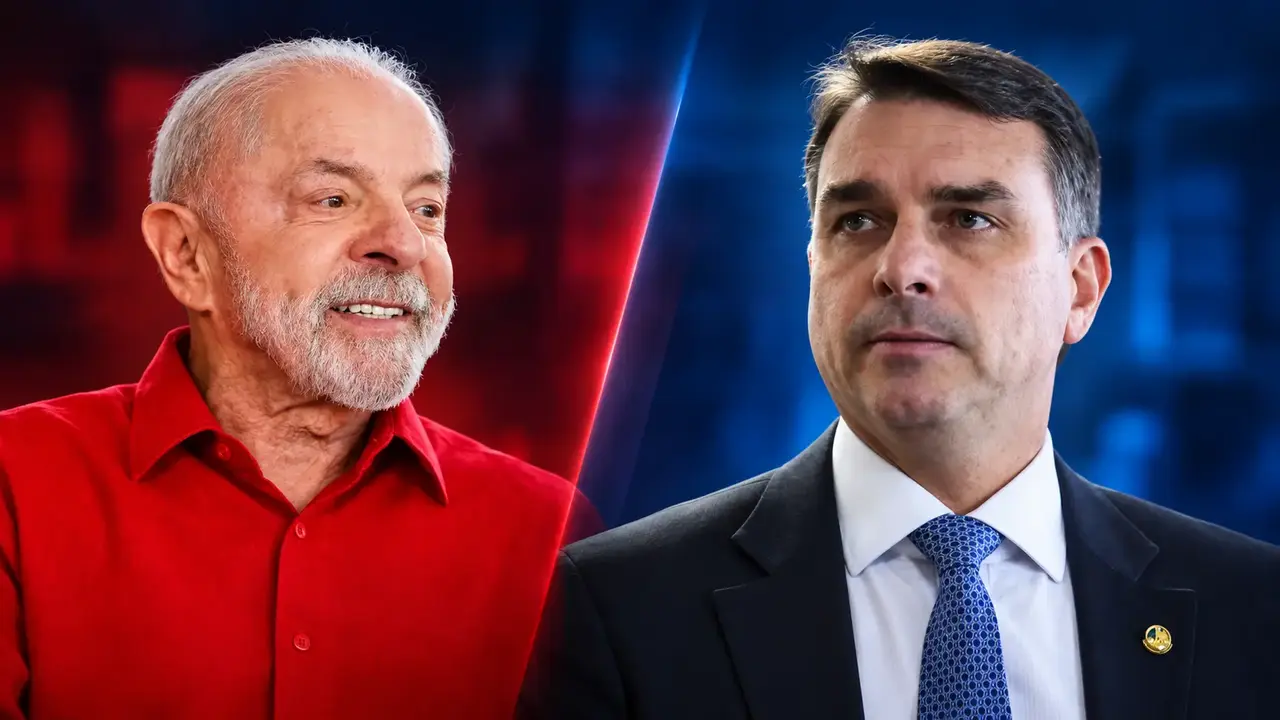 Montagem horizontal com Lula à esquerda e Flávio Bolsonaro à direita, separados por uma faixa diagonal.