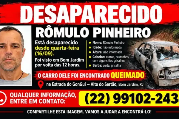 Card de desaparecimento de Rômulo Pinheiro com retrato e veículo encontrado queimado em Bom Jardim