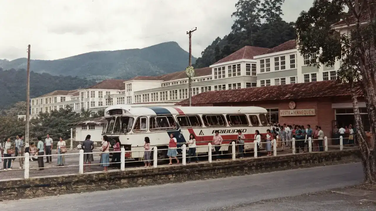 Ônibus com trabalhadores em frente à antiga Fábrica Ypu, em Nova Friburgo
