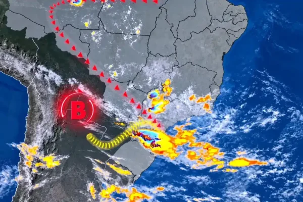 Mapa meteorológico mostra sistema de baixa pressão e áreas de instabilidade no Centro-Sul do Brasil