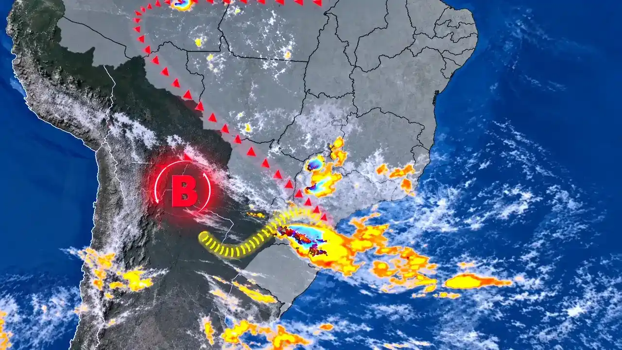 Mapa meteorológico mostra sistema de baixa pressão e áreas de instabilidade no Centro-Sul do Brasil