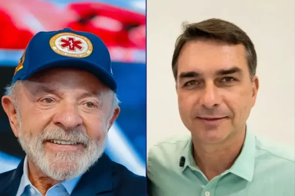 Montagem com Lula e Flávio Bolsonaro sobre fundo azul.