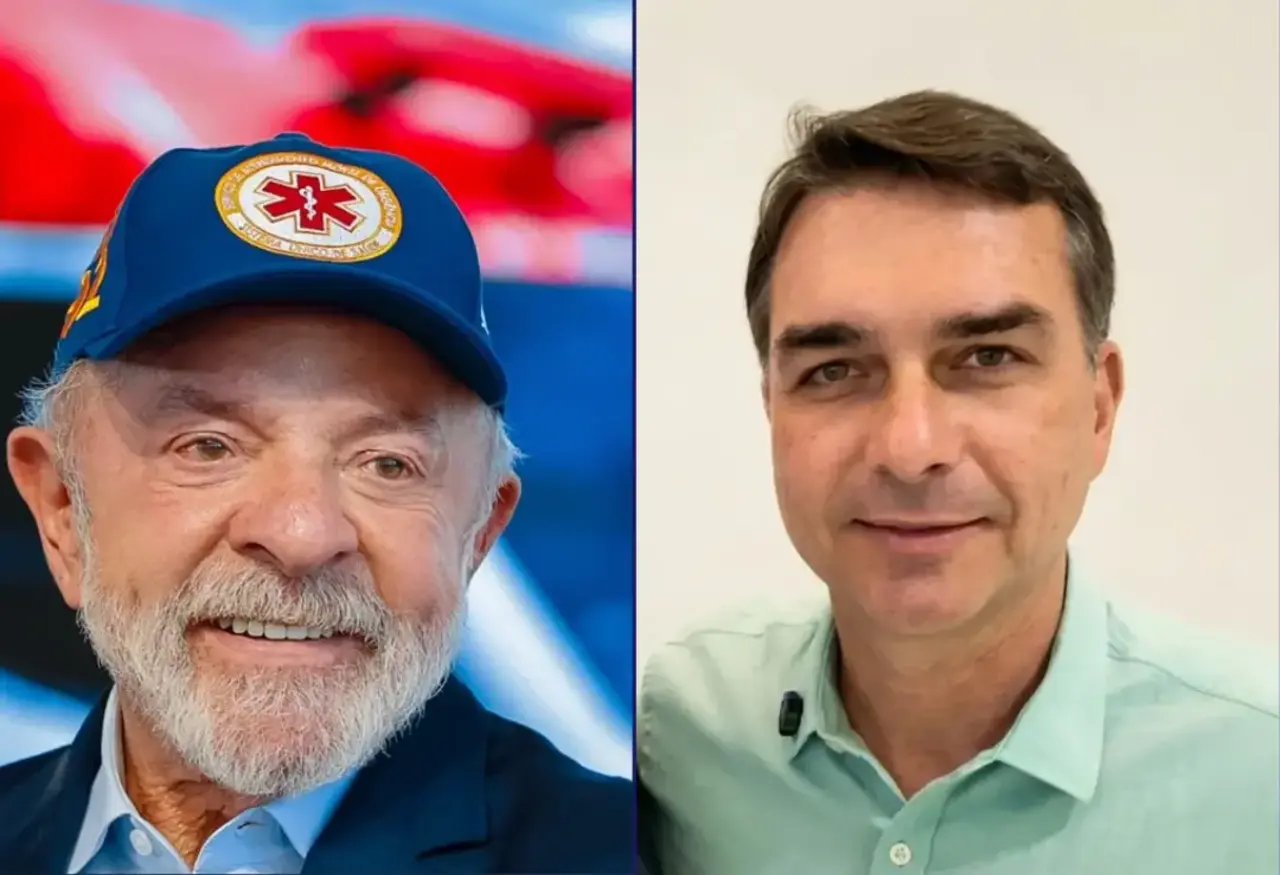 Montagem com Lula e Flávio Bolsonaro sobre fundo azul.