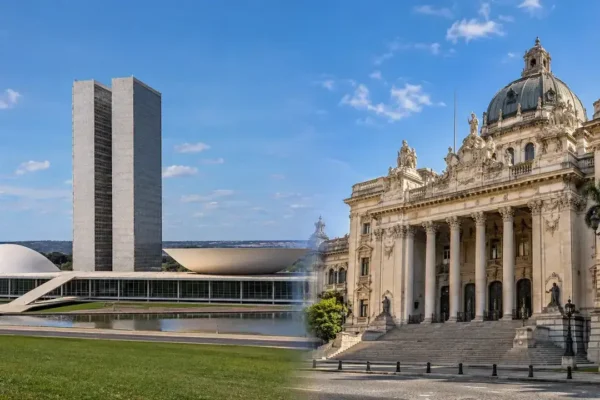 Montagem ilustrativa do Congresso Nacional e do Palácio Tiradentes, sem pessoas.
