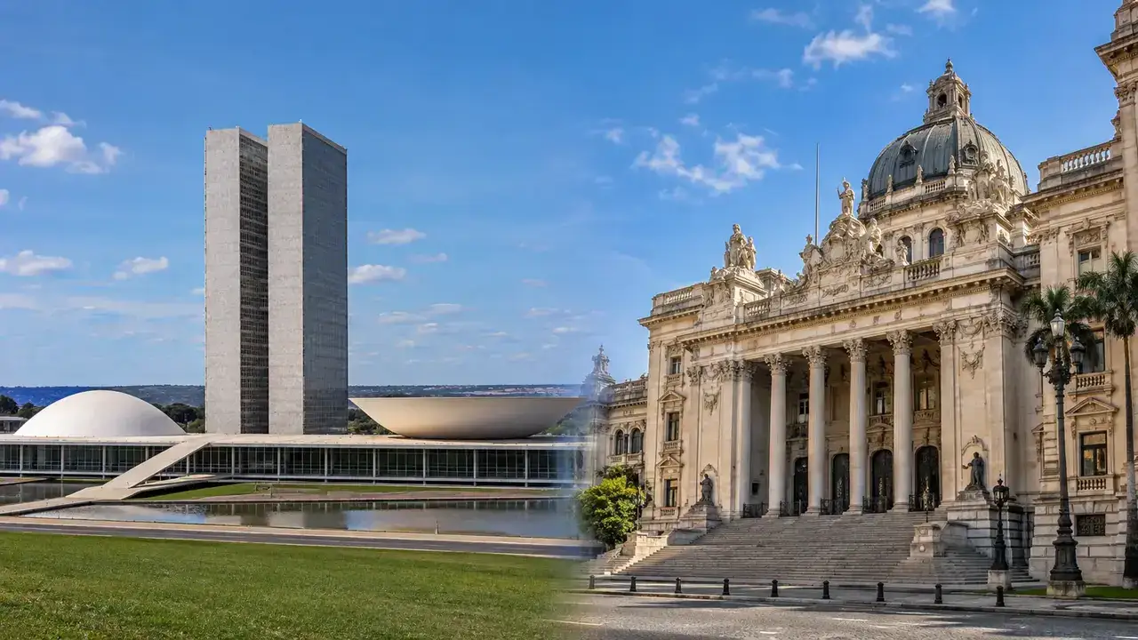Montagem ilustrativa do Congresso Nacional e do Palácio Tiradentes, sem pessoas.