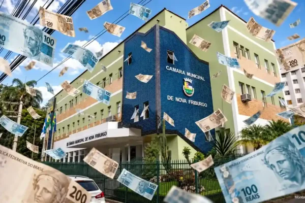 Montagem da fachada da Câmara Municipal de Nova Friburgo com notas de R$ 100 e R$ 200 espalhadas pela cena.