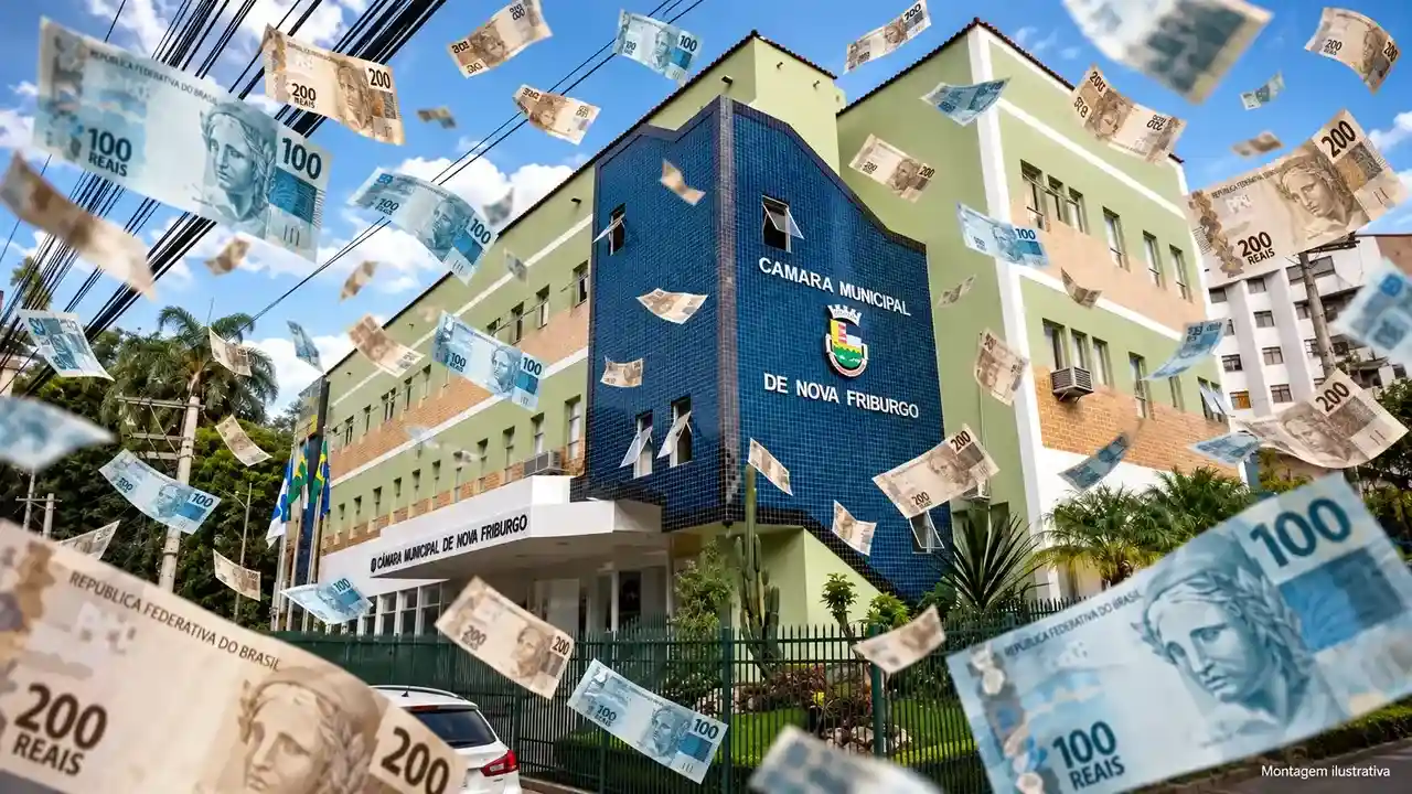Montagem da fachada da Câmara Municipal de Nova Friburgo com notas de R$ 100 e R$ 200 espalhadas pela cena.