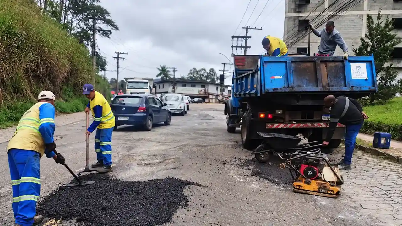 Trabalhadores realizam reparos no asfalto da RJ-130, em Duas Pedras, Nova Friburgo.