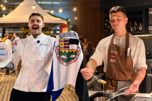 Montagem com João Vieira segurando um troféu e a bandeira de Nova Friburgo, à esquerda, e Miguel Fernandez preparando um prato, à direita.