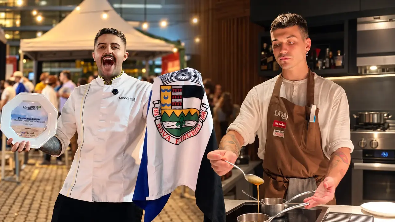Montagem com João Vieira segurando um troféu e a bandeira de Nova Friburgo, à esquerda, e Miguel Fernandez preparando um prato, à direita.