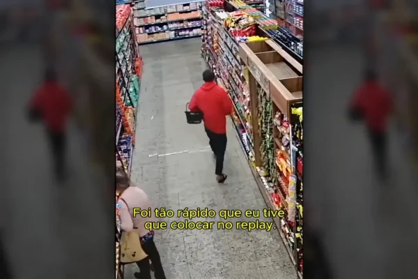 Imagem de câmera de segurança mostra pessoa de roupa vermelha carregando uma cesta em corredor de supermercado.