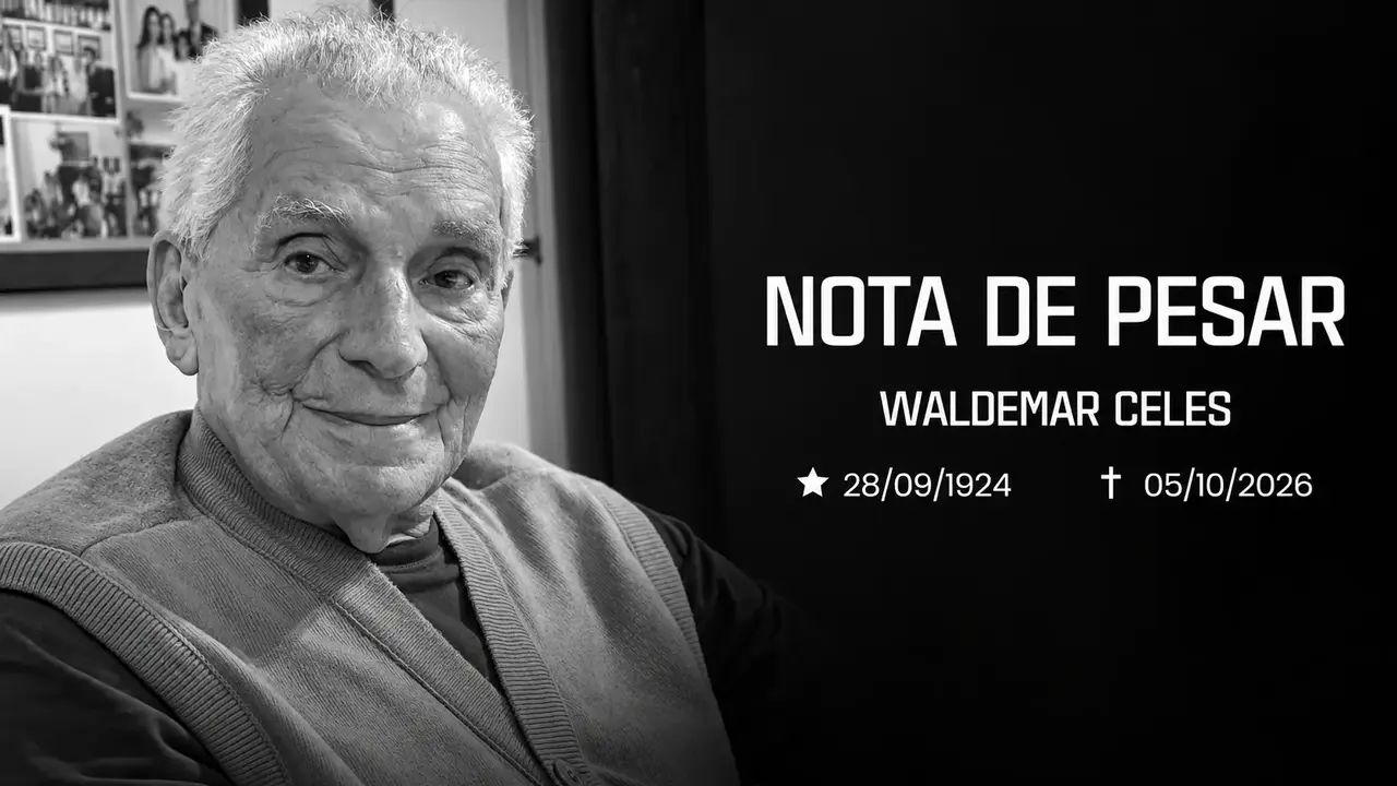 Retrato em preto e branco de Waldemar Celes ao lado de uma nota de pesar com as datas de nascimento e falecimento.
