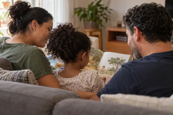 Dois adultos e uma criança leem juntos no sofá de uma sala.