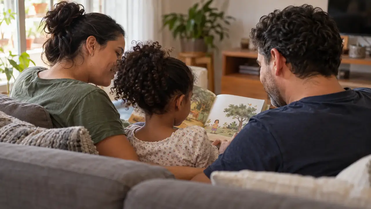 Dois adultos e uma criança leem juntos no sofá de uma sala.