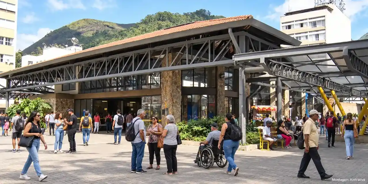 Montagem da Estação Livre com pessoas de diferentes idades circulando em frente ao terminal.